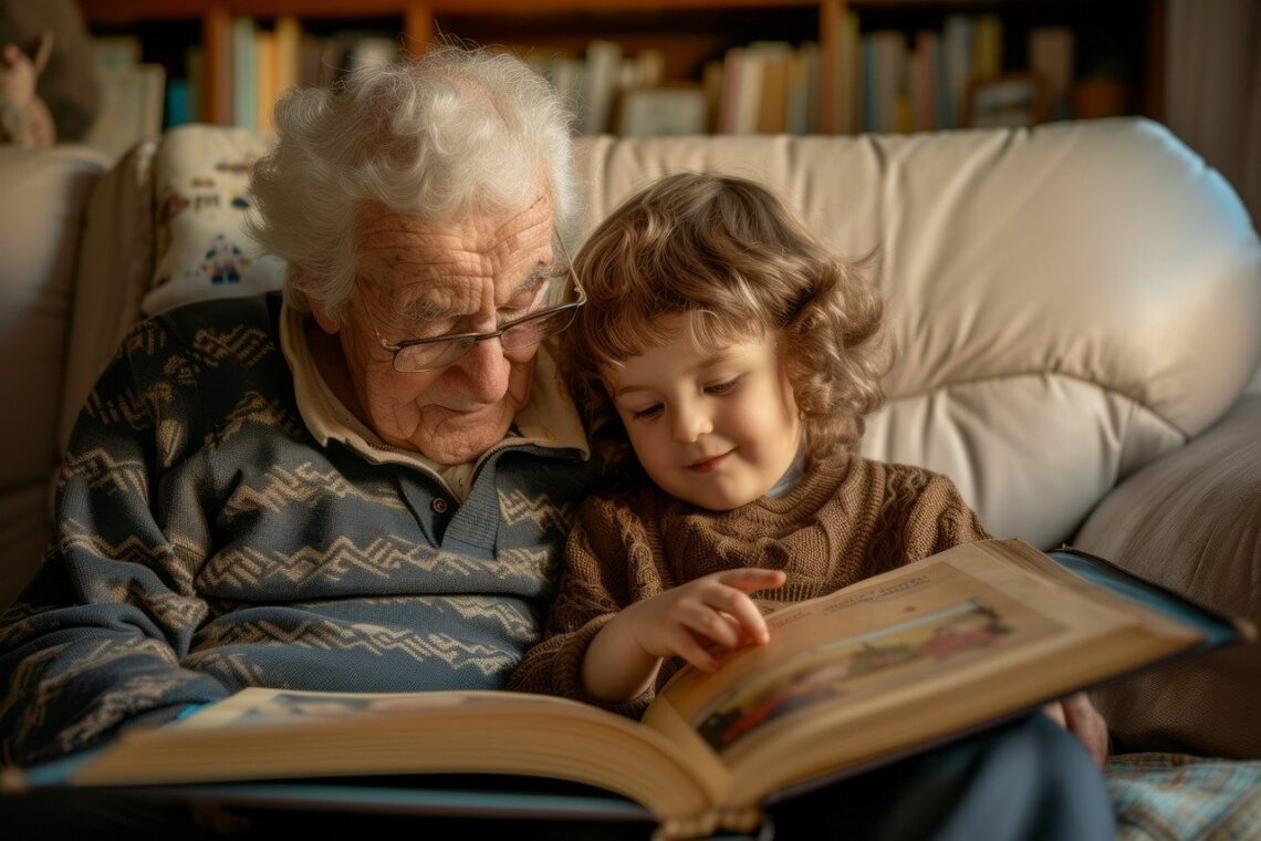 great grandfather reads book to child