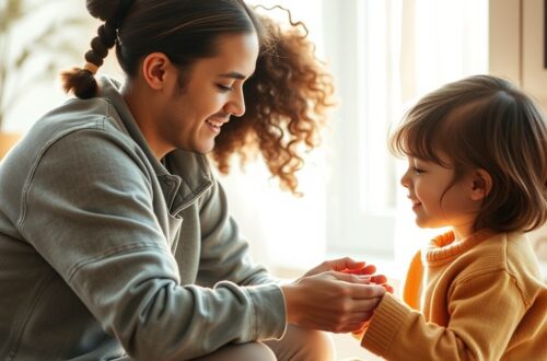 Parenting by example- a child engages with her dad who is smiling at the child