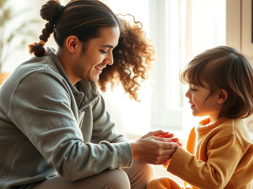 Parenting by example- a child engages with her dad who is smiling at the child